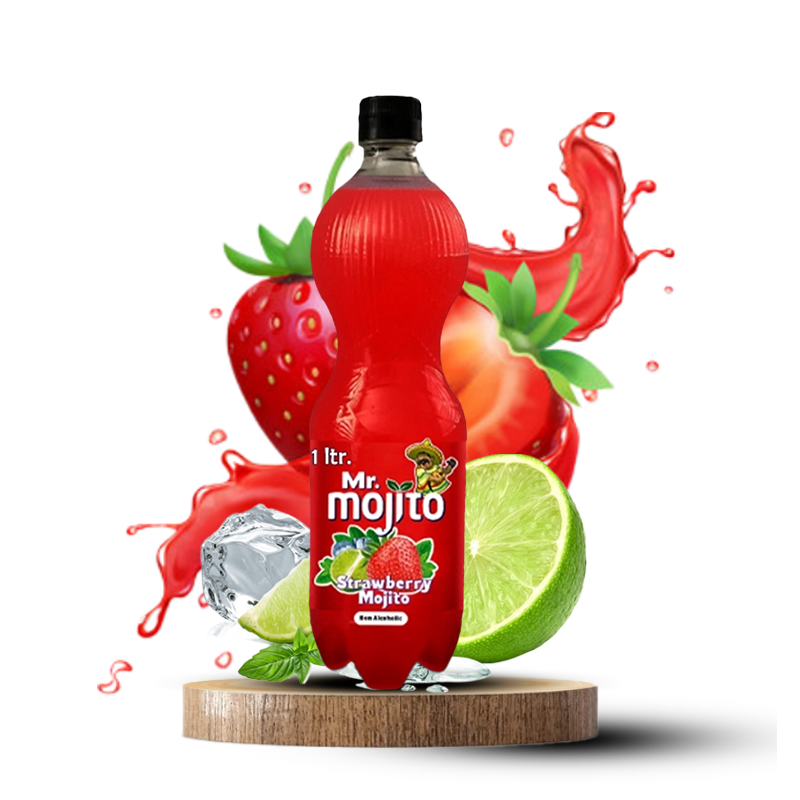 Mr. Mojito Strawberry Mojito 1-liter bottle, featuring fresh strawberries, lime, and mint for a refreshing and fruity twist.